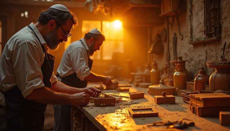 סופר סתם עובד על ייצור בתי תפילין, מעצב עור בתבנית מסורתית עם כלי עבודה ידניים.